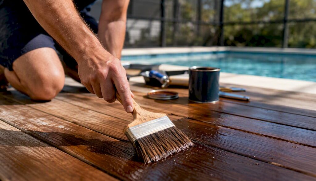 Close-up back-brushing stain into deck wood grain