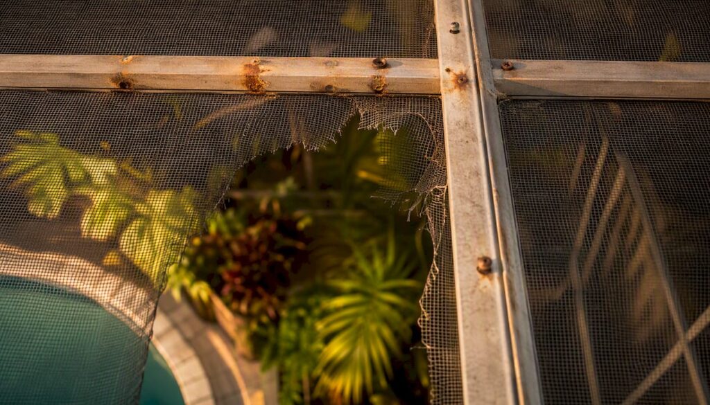 Close-up of torn pool enclosure screen and corroded frame