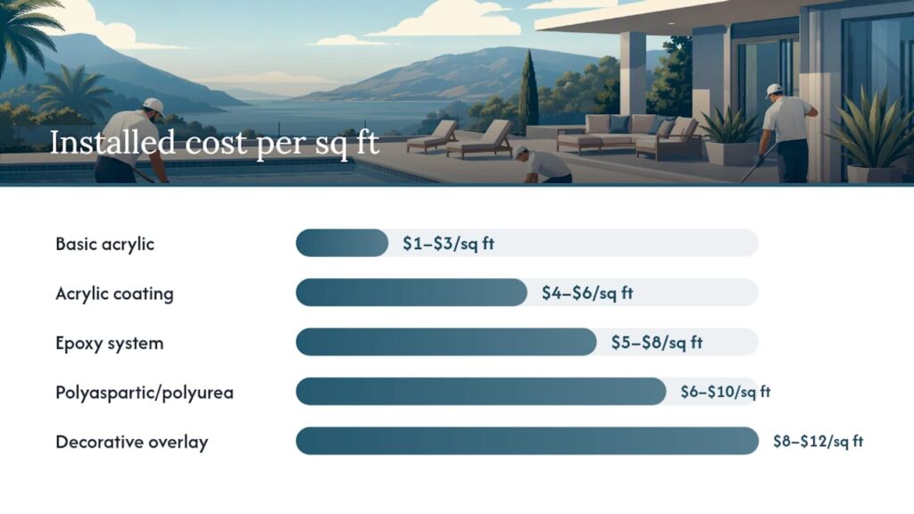 Comparison chart of pool deck coatings by cost and features