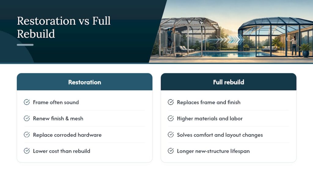 Comparison diagram of pool enclosure restoration versus full rebuild costs and benefits