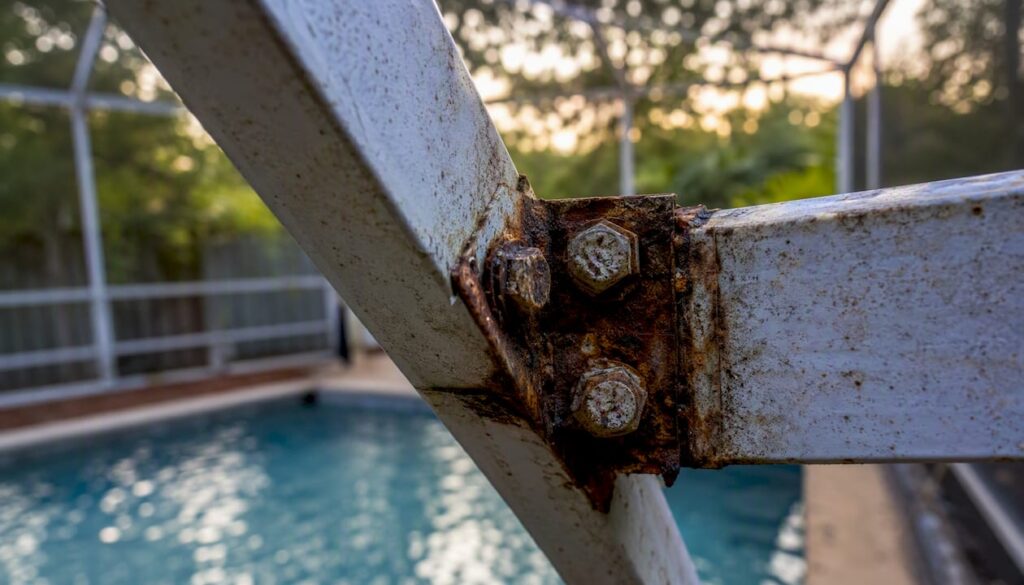 Corroded pool cage fasteners close-up