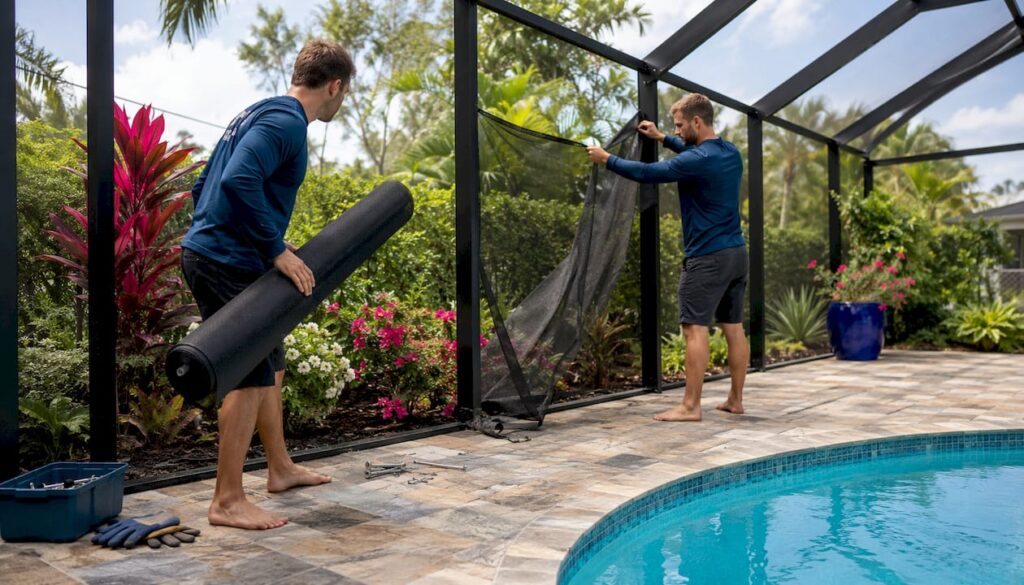 Crew replacing pool screen mesh panels outdoors