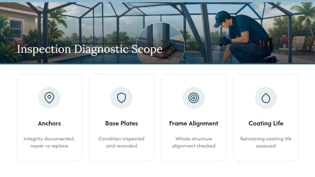 Four-part pool cage restoration inspection scope