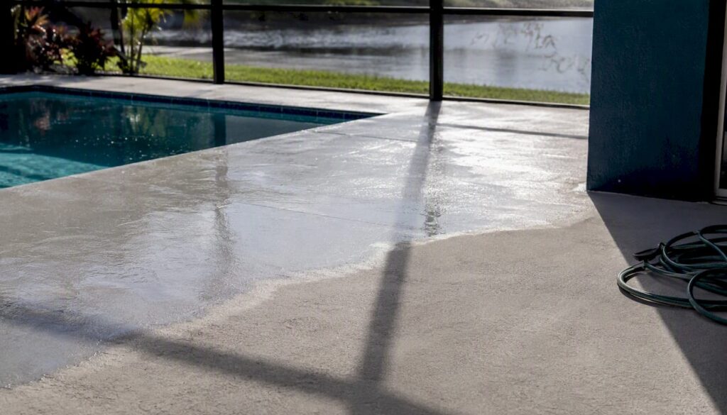 Freshly coated pool deck drying in morning sun