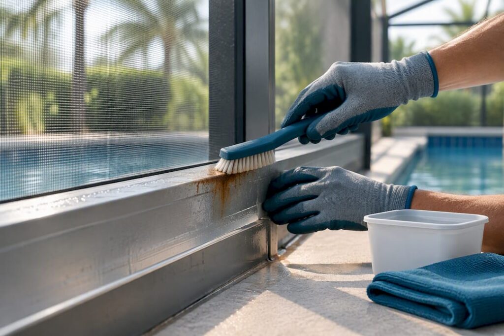 Gloved hand gently cleaning pool cage rust stain