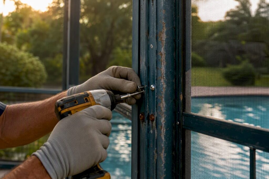 Hand replacing rusted fasteners with stainless steel screws