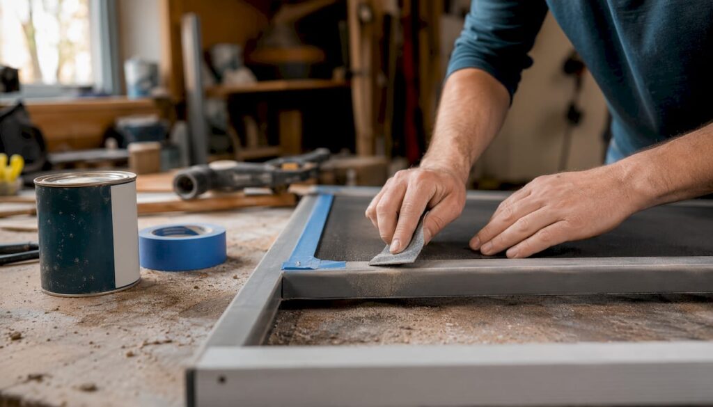 Hand sanding pool screen frame before coating