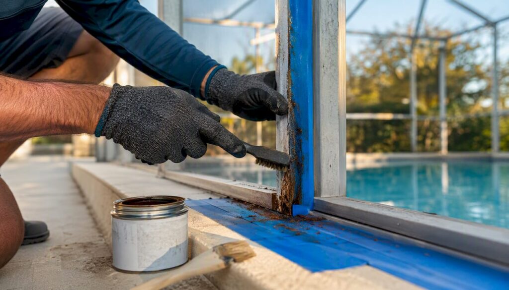 Hands brushing rust off pool cage aluminum frame