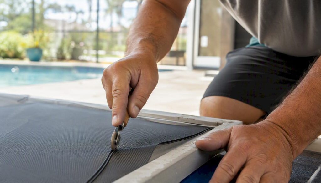 Hands pushing fiberglass screen into frame channel