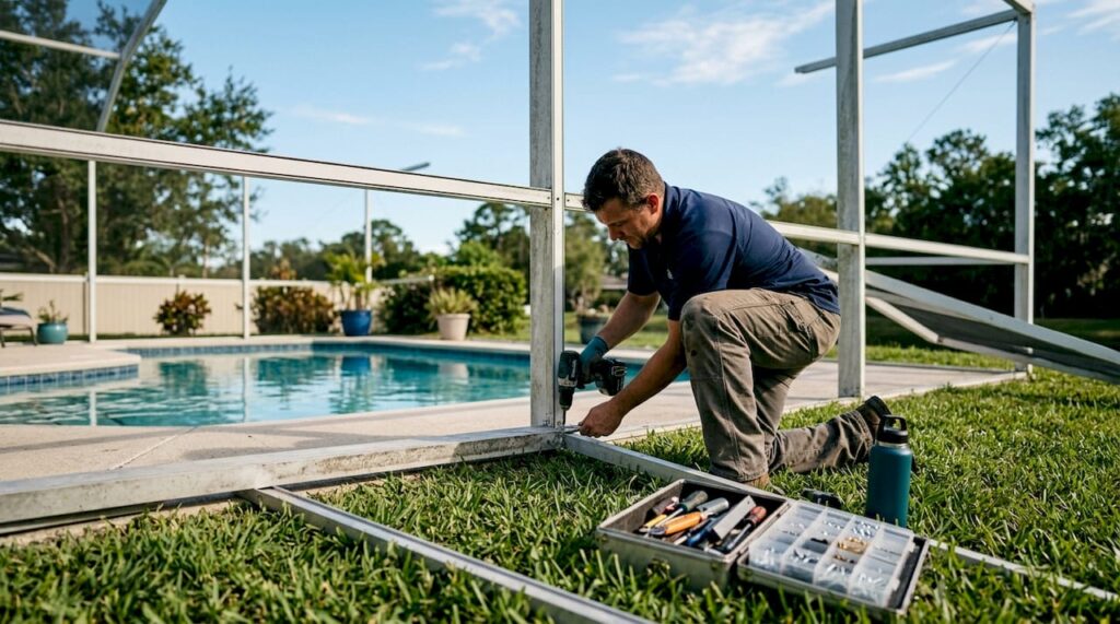 Hands repairing pool cage aluminum frame