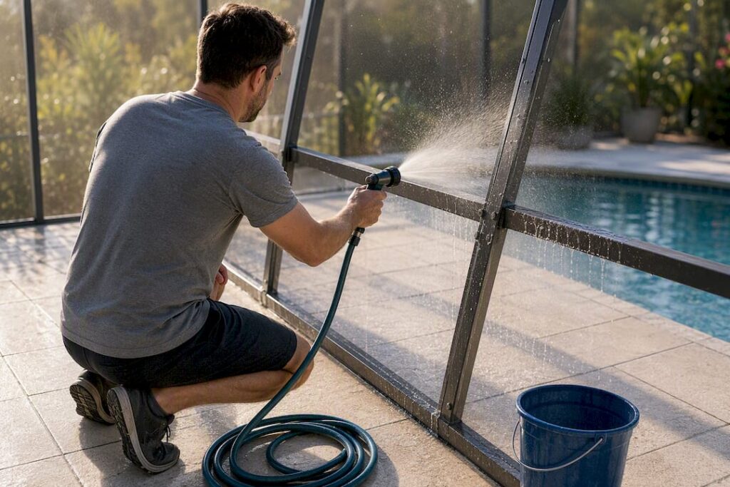 Homeowner rinsing pool cage frame