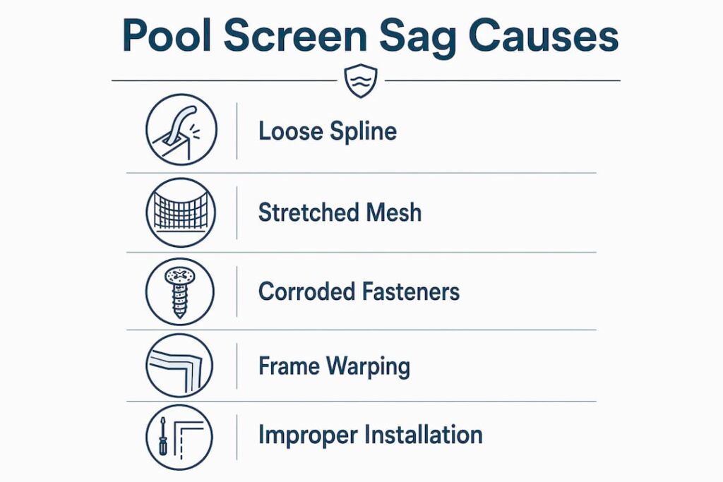 Infographic illustrating main causes of pool screen sagging