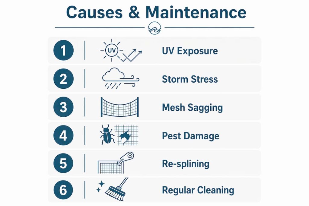 Infographic showing causes and maintenance steps for pool screen mesh