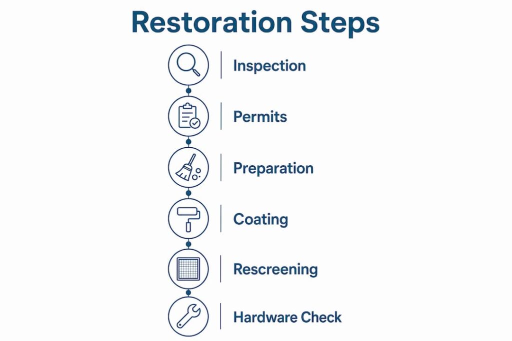 Infographic showing step-by-step screen enclosure restoration