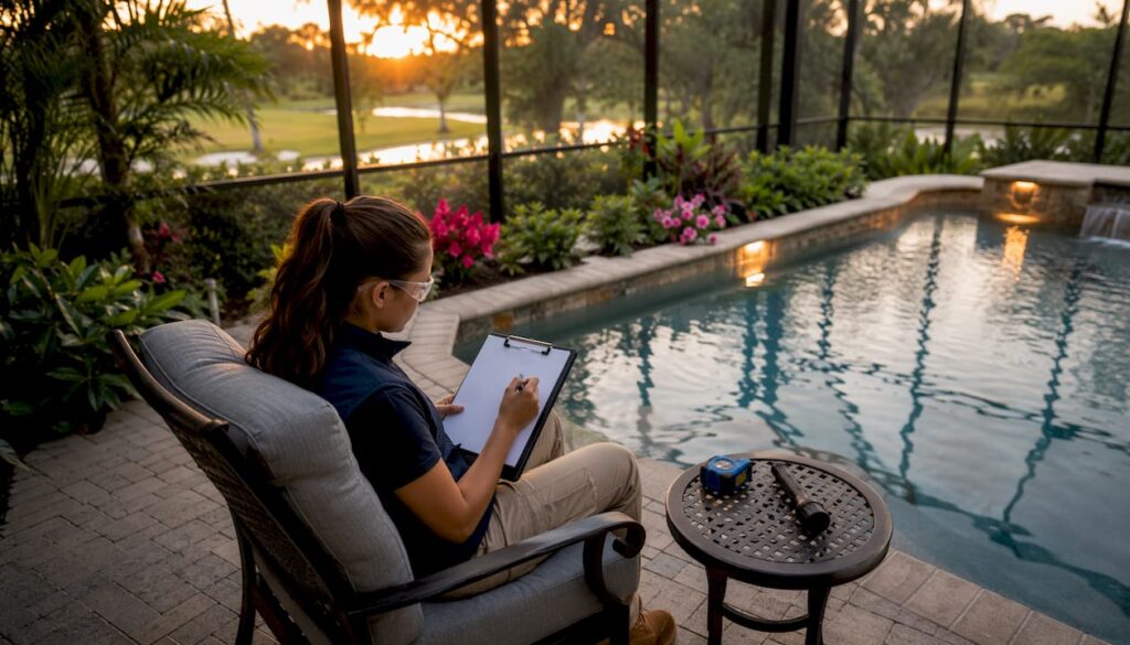 Licensed contractor inspecting pool enclosure quality