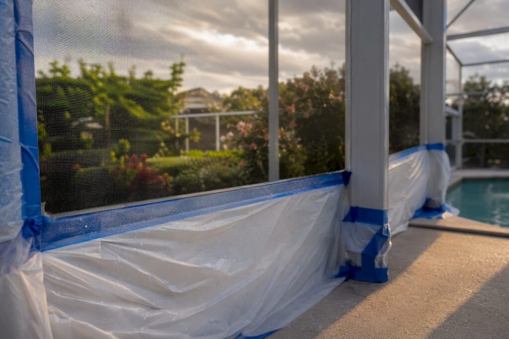 Masking tape protecting pool screen and plants