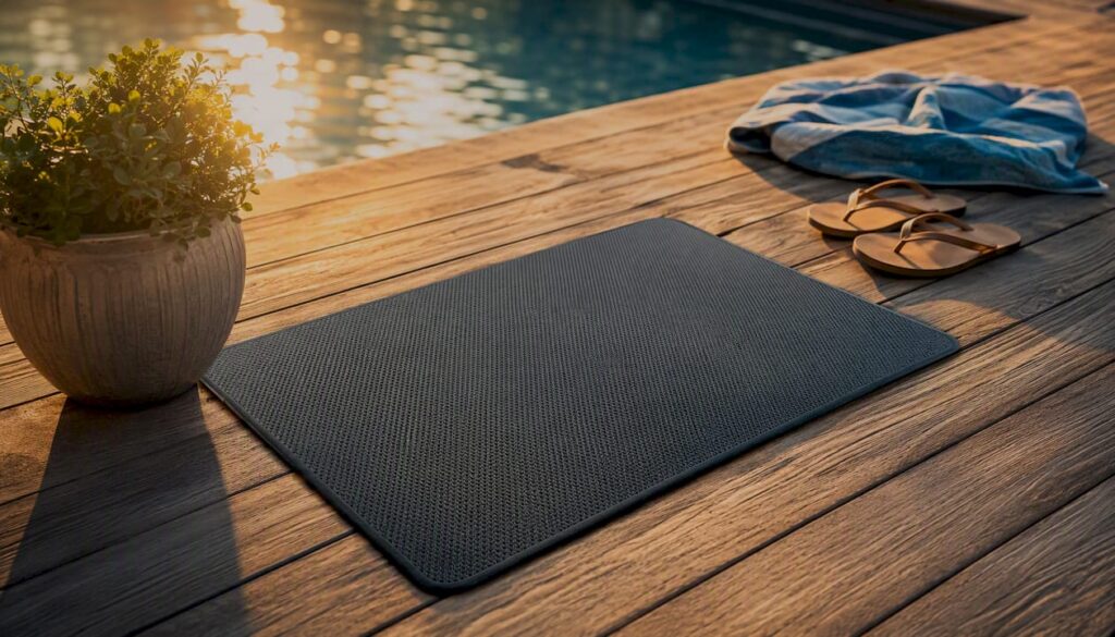 Non-slip mat placed safely on pool deck