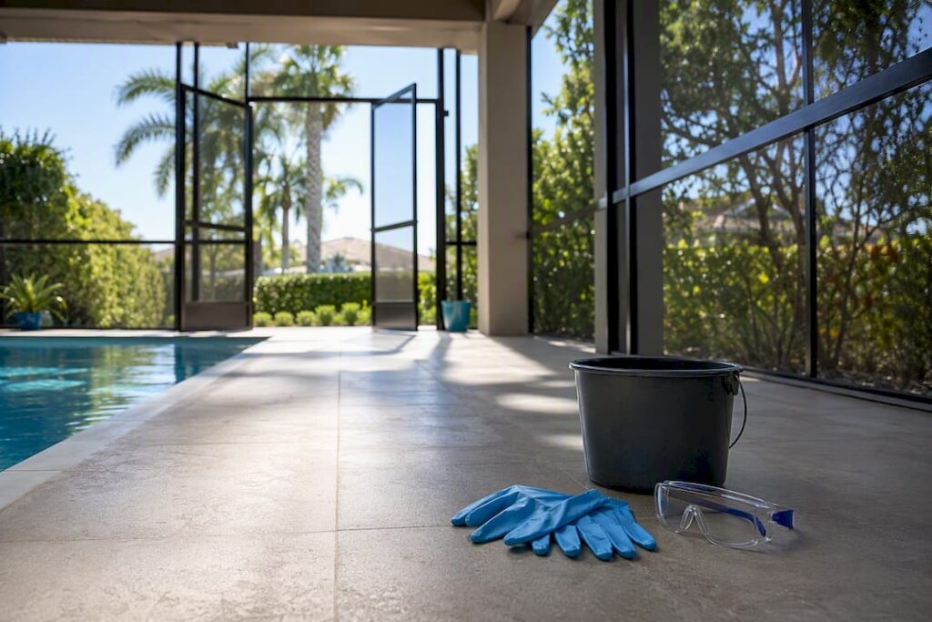 Open lanai with gloves and safety glasses