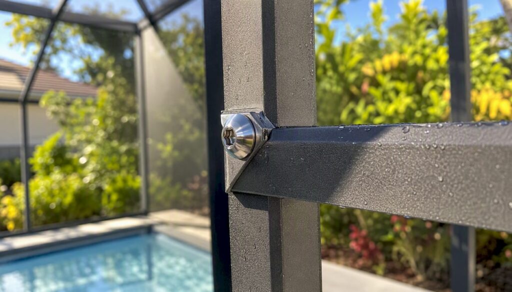 Stainless steel fastener on aluminum pool cage