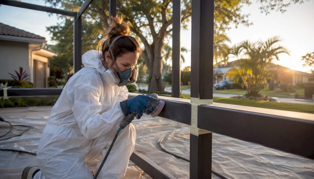 Technician prepping pool enclosure frame for coating