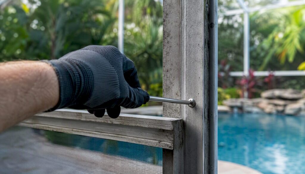 Technician replacing pool cage fastener