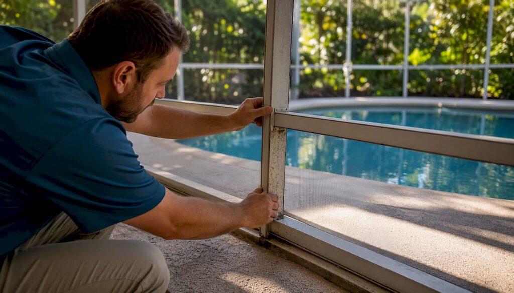 Technician stabilizing pool enclosure frame by hand