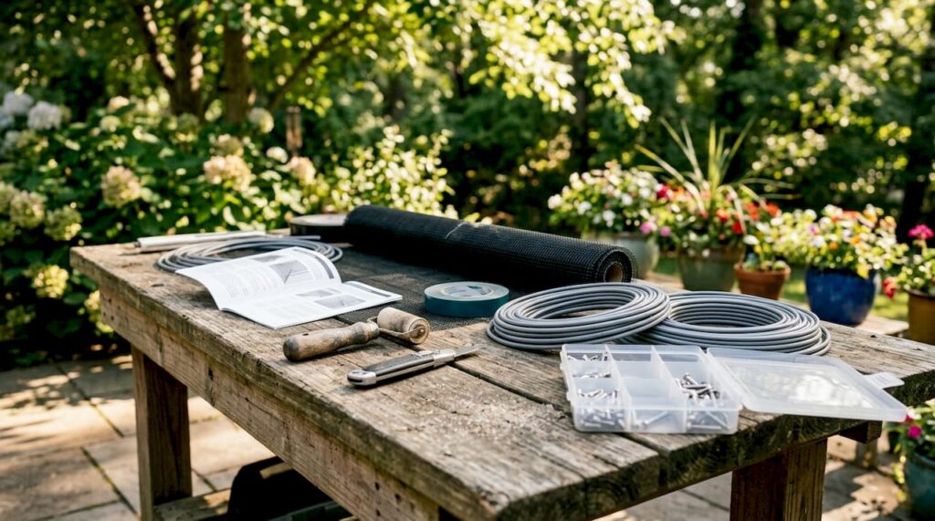 Tools and materials arranged for pool screen repair