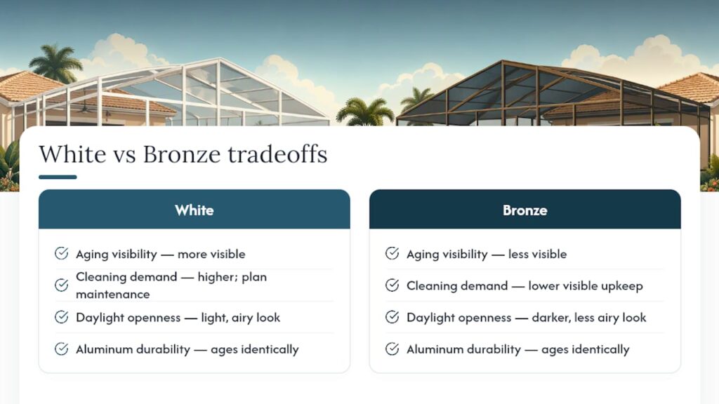 White versus bronze pool cage tradeoffs