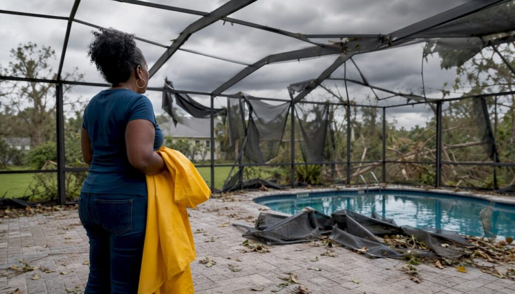 Woman inspecting storm-damaged pool enclosure outdoors