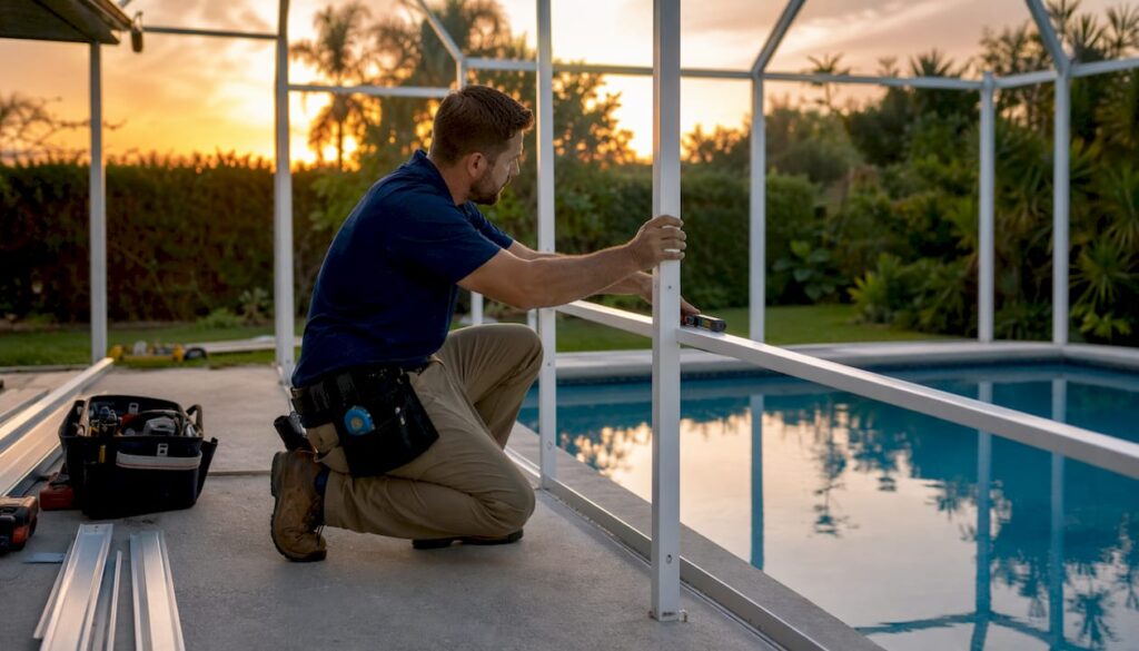 Worker framing pool lanai structure outdoors